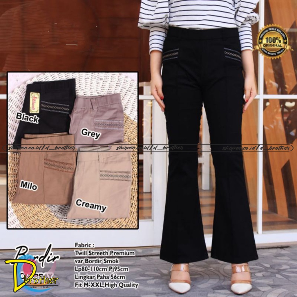 Celana Highwaist Cutbray Bordir Smok Bahan Twill Combed Standart dan Jumbo