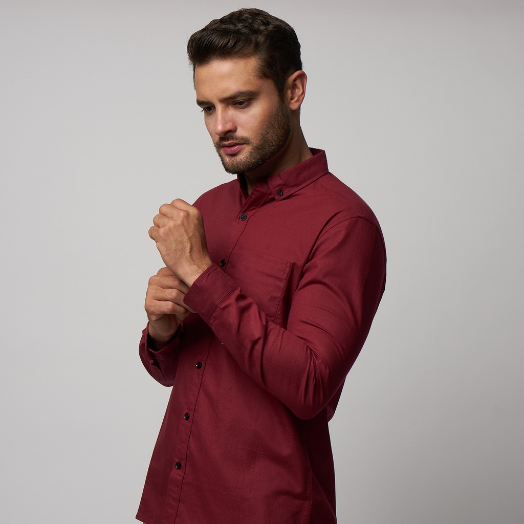 Kemeja Cowok Polos Pria Tangan Panjang Maroon Premium Quality Sigarate Slimfit Casual Kantoran Trend