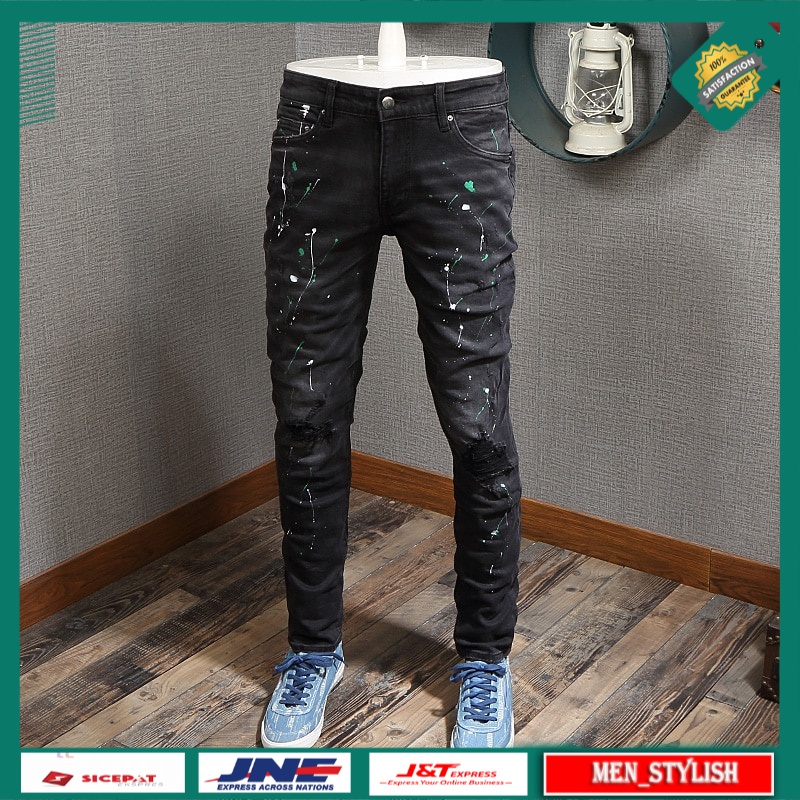 Celana Jeans Panjang Pria Streetwear Fashion Jeans Men Elastic Cotton Slim Fit Ripped Jeans Painted 