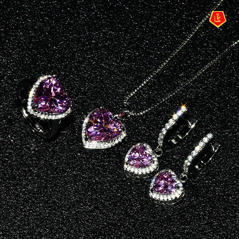 [Ready Stock]Heart-Shaped Pendant Luxury Pink Crystal Earrings Open Ring Set
