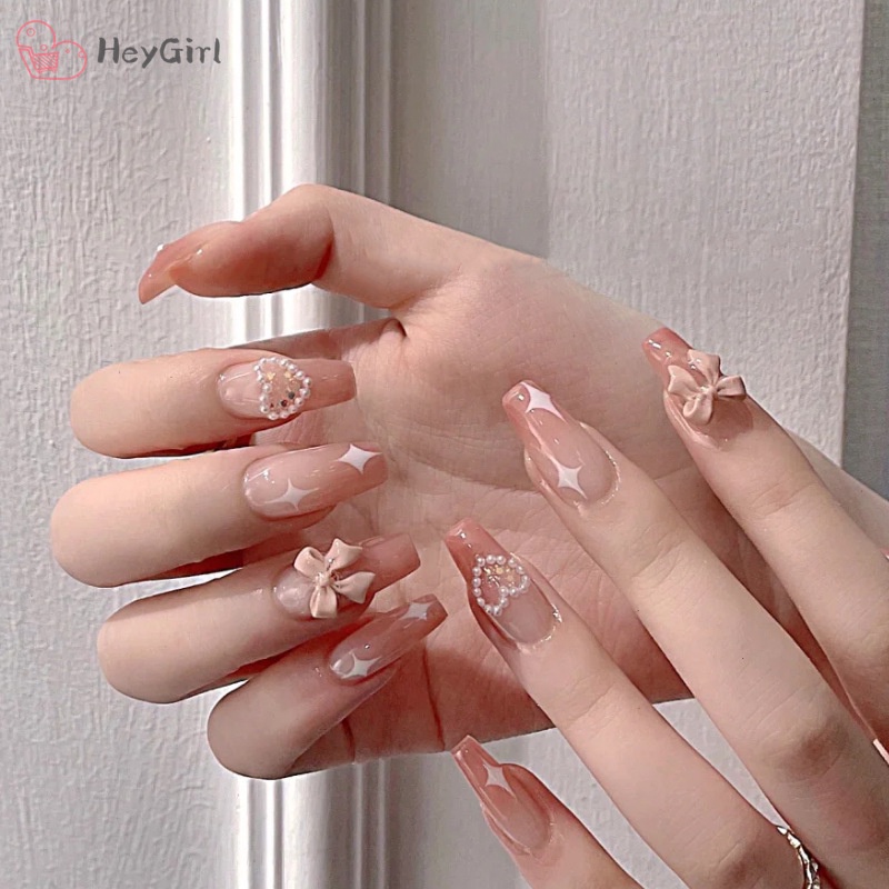 24pcs / Set stiker kuku palsu anti nail air 3d imlek kuku palsu murah pengantin panjang pendek anak bening polos wedding kaki manikur set nail sticker art