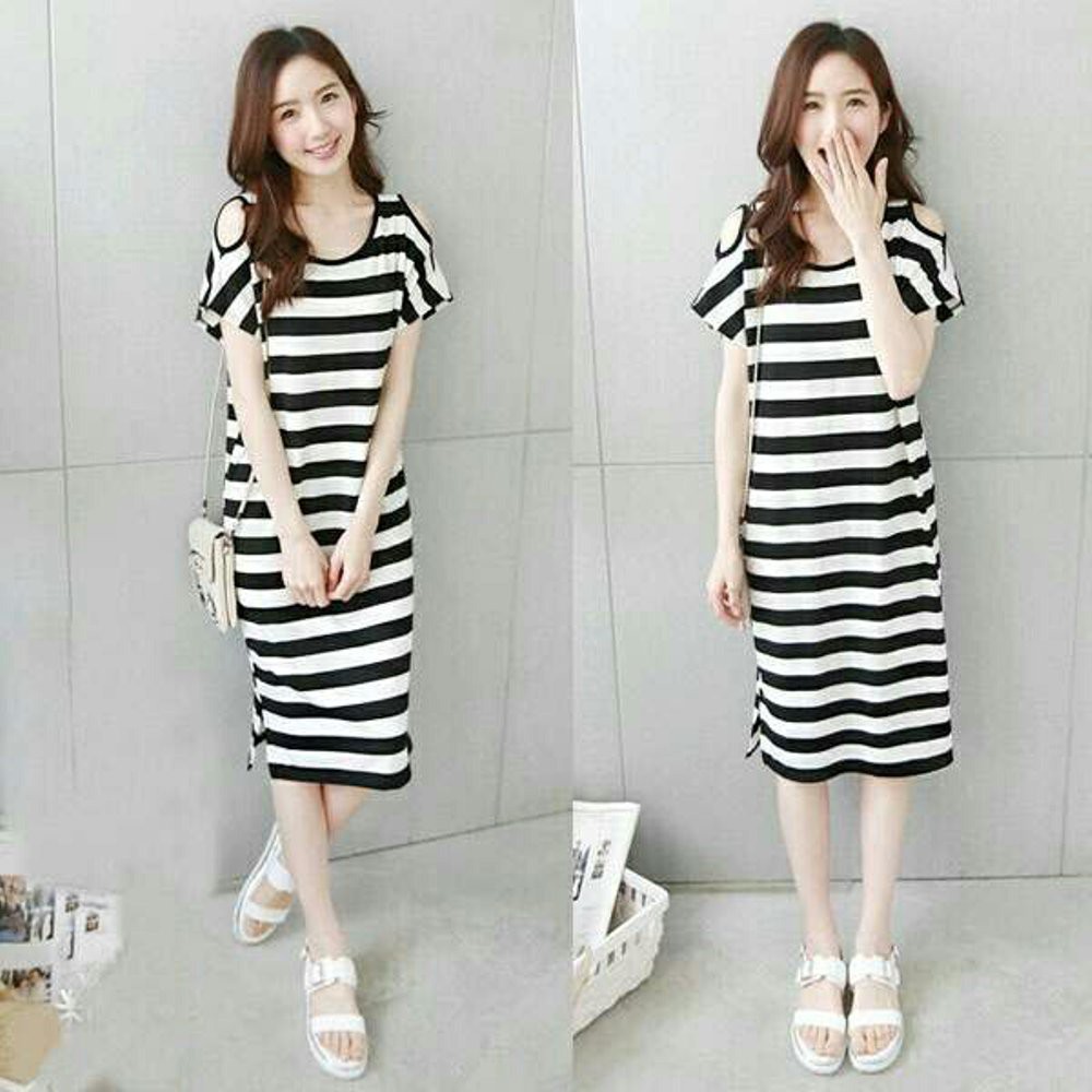 B LI DRESS BRETNA Baju terusan wanita cewe salur garis bahu pundak bolong model terbaru murah