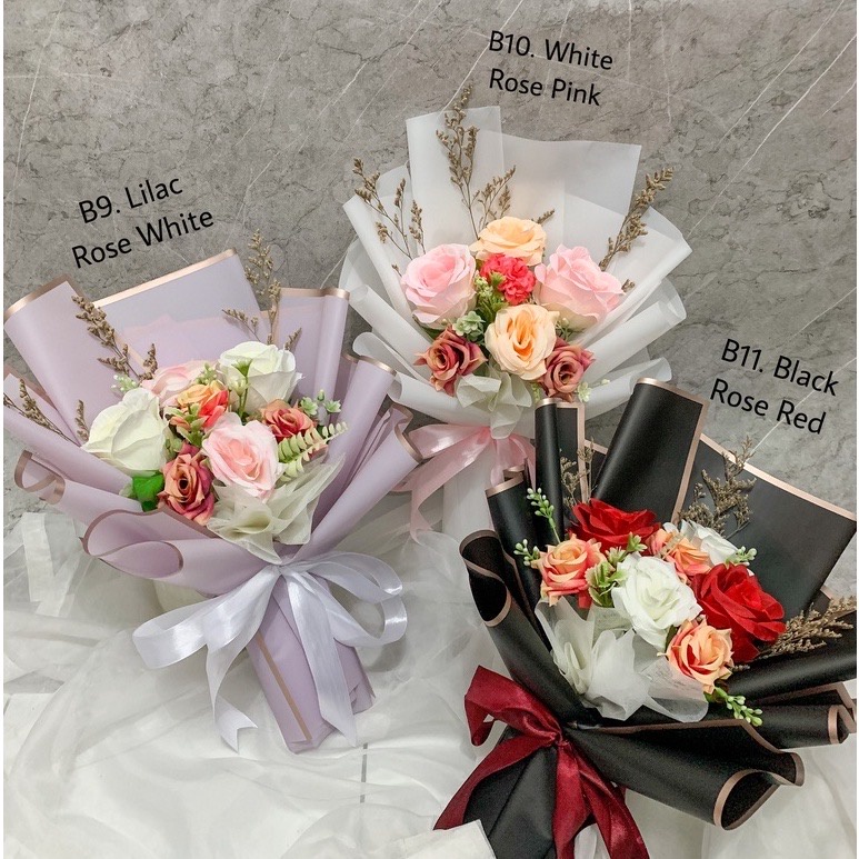 BUKET BUNGA MIX ARTIFICIAL/BUKET BUNGA PALSU/BUKET BUNGA MAWAR MATAHARI PEONY TULIP/BUKET WISUDA