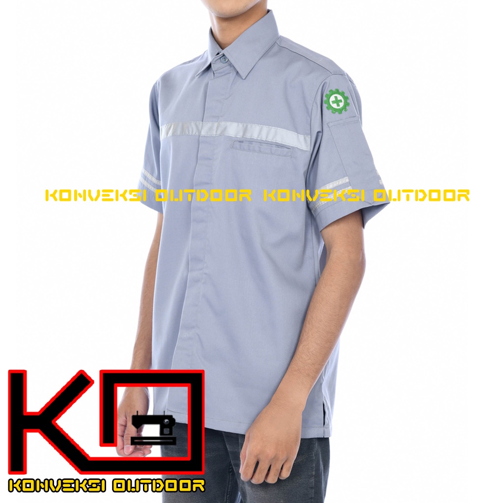 KEMEJA WEARPACK BAJU SAFETY K3 OUTDOOR INDOOR - Seragam Kemeja Kerja Lapangan Lengan Pendek Proyek Bangunan Tambang Alat Berat PLN Enginer Instalasi Mesin werpek sefti Scotlit Warna Abu Konveksi Outdoor