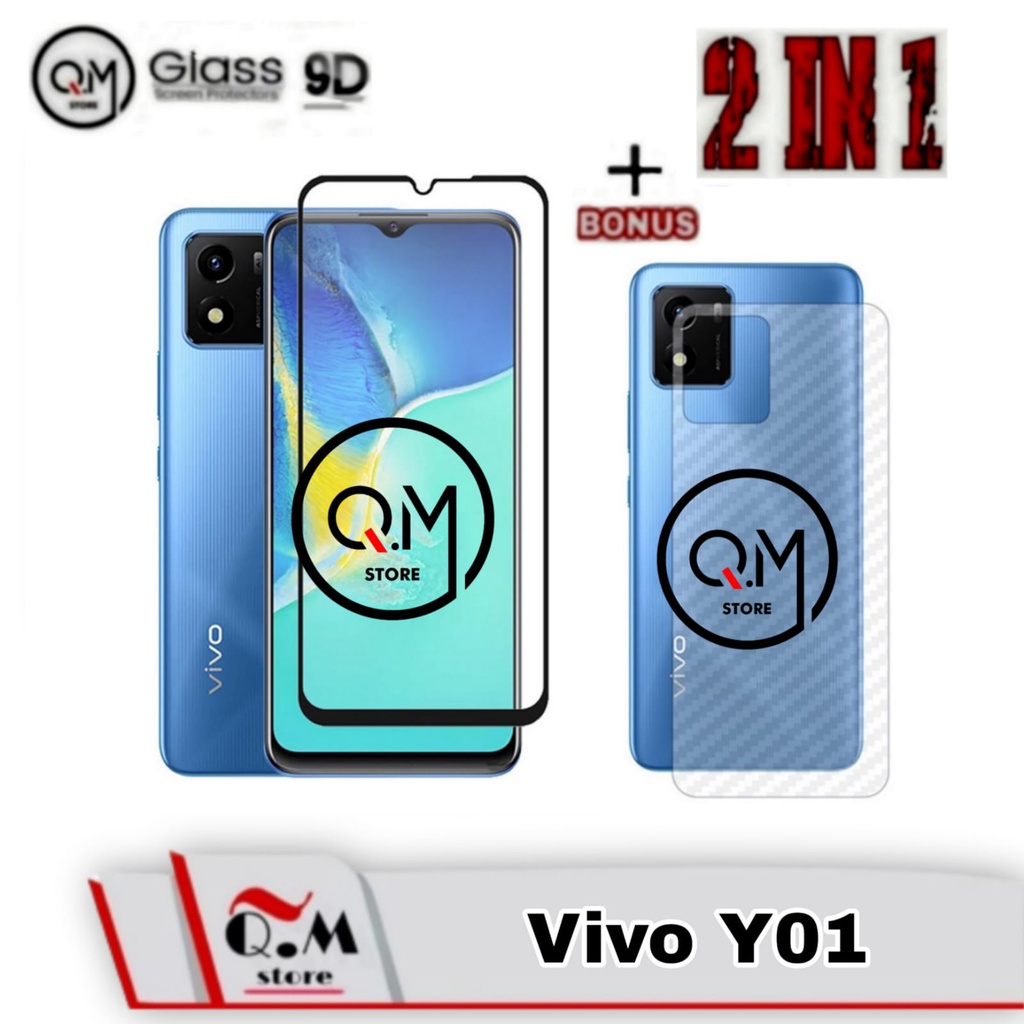 Paket 2 in1 Tempered Glass Layar Vivo Y01 Pro Anti Gores  Screen Guard Free Skin Carbon Garskin