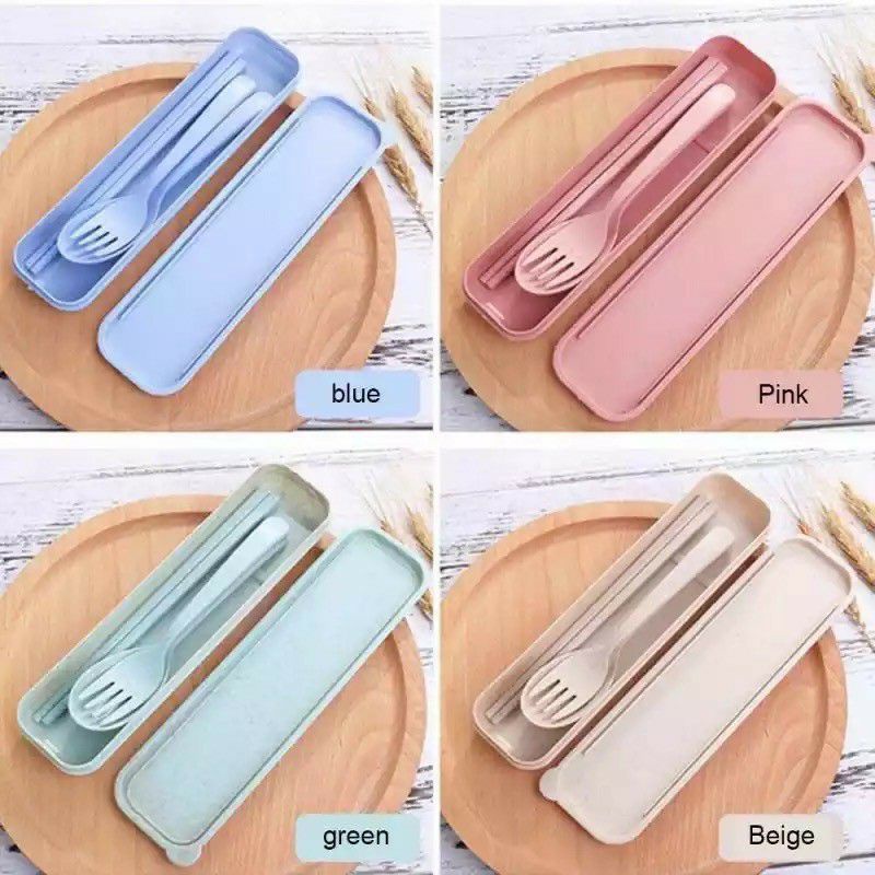 Alat Makan Sendok Sumpit Garpu / Alat Makan Box Korea Travelling Set 3 IN 1 Bahan Plastik