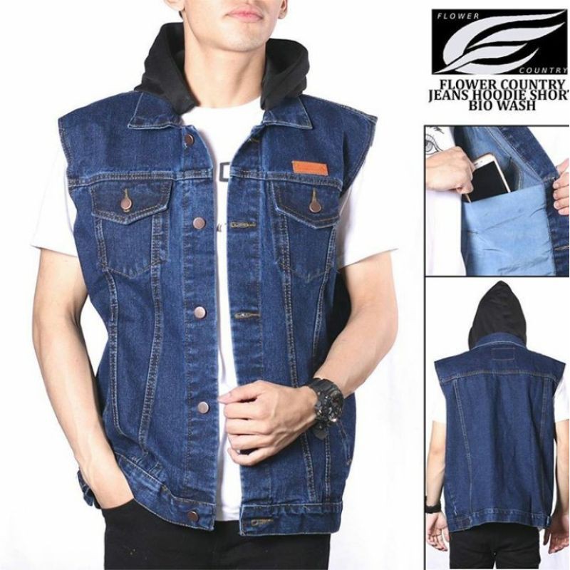 Jaket Jeans Rompi Hoodie Tangan Pendek - Jeans Hoodie Short