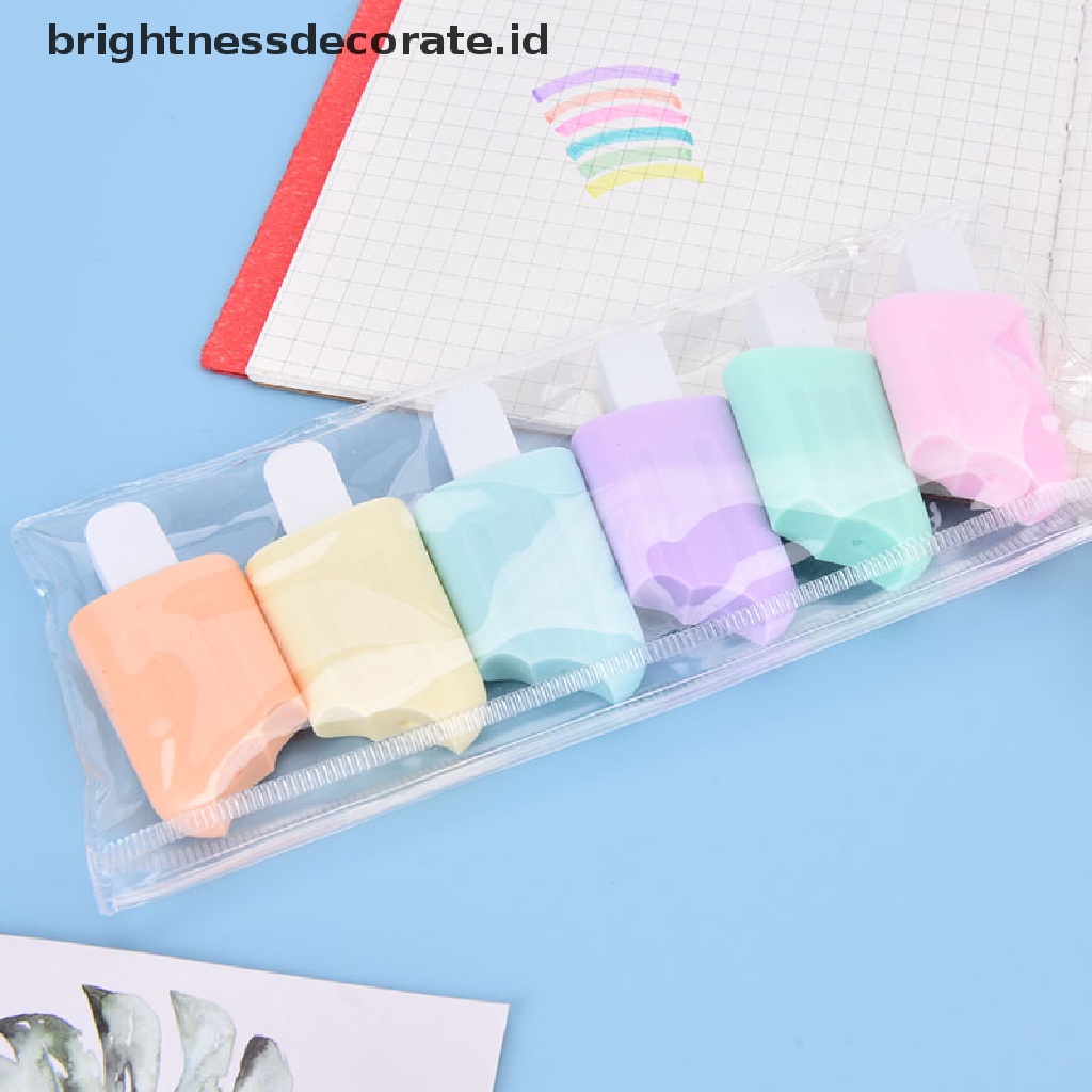 6pcs / Pak Highlighter Bentuk Es Krim Warna Permen Untuk Perlengkapan Sekolah / Kantor