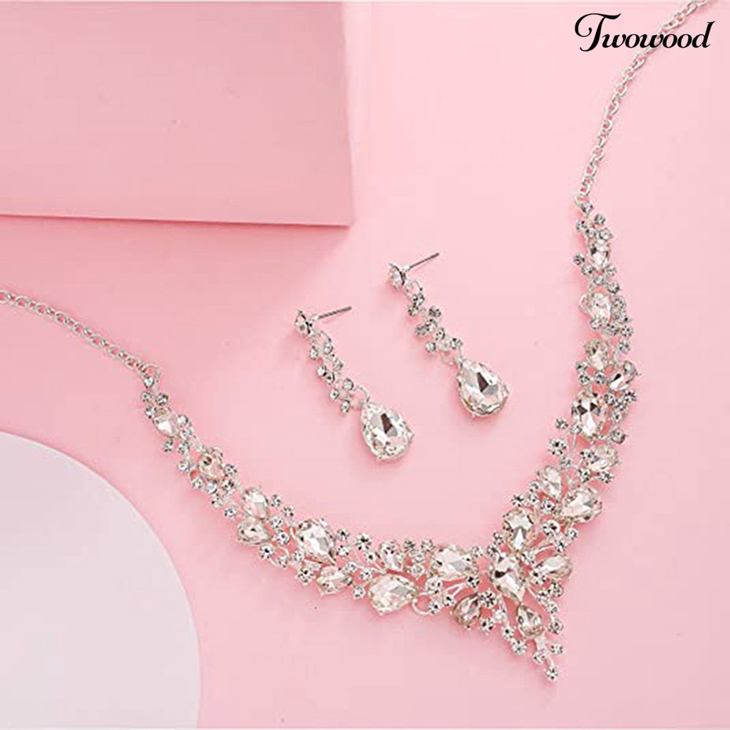 Twowood Alloy Wedding Jewelry Set Hollow Out Lightweight Shiny Rhinestone Necklace Earring Set for Banquet