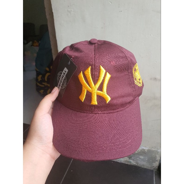 Topi NY New York Topi Baseball Pria Wanita-maroon logo kuning