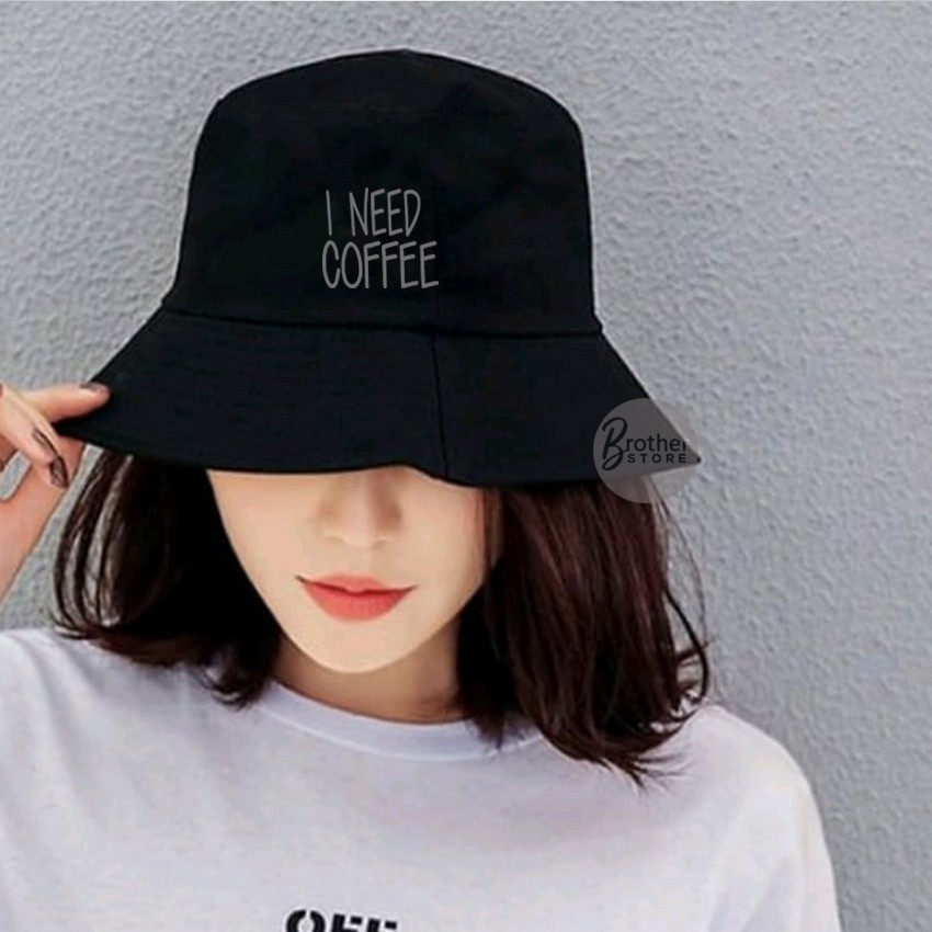 Topi Bucket - Topi Gunung - Logo I Need Coffe Text Abu Abu