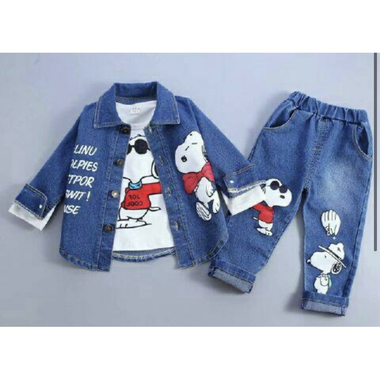 baju anak cewek setelan Stelan Denim SNOOPY