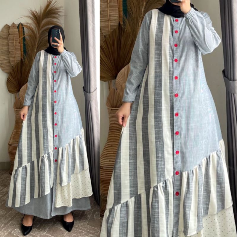 Gamis katun kombinasi syaina by semut original / gamis semut motif terbaru