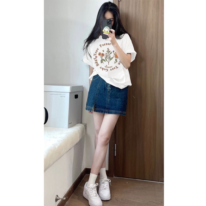 XIAOZHAINV Kaos Putih Atasan Wanita Round Flower Pattern Lengan Pendek 0150