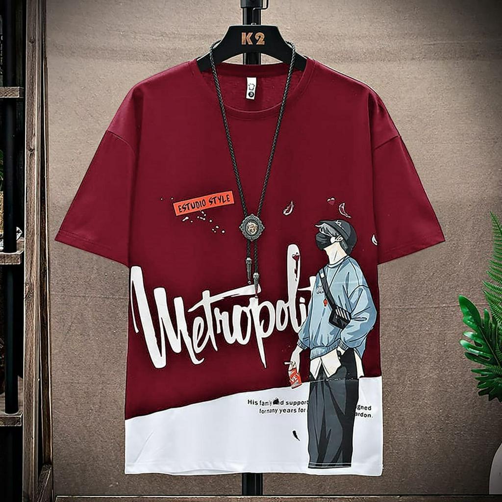 KIYOWO-Baju Atasan Kaos Kasual Lengan Pendek Pria Metropolis