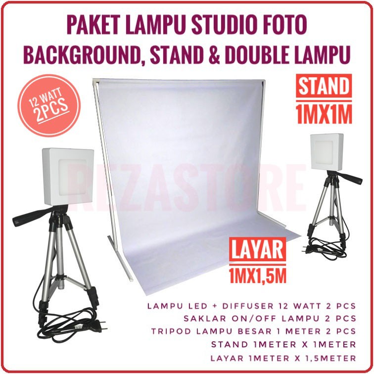 Paket Lampu Foto Studio 12 Watt Diffuser Lengkap Stand Background Tripod Besar Lighting Foto Produk