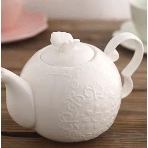 TEKO KETEL KERAMIK PUTIH MOTIF BUNGA SHABBY/CERET KERAMIK/TEA POT
