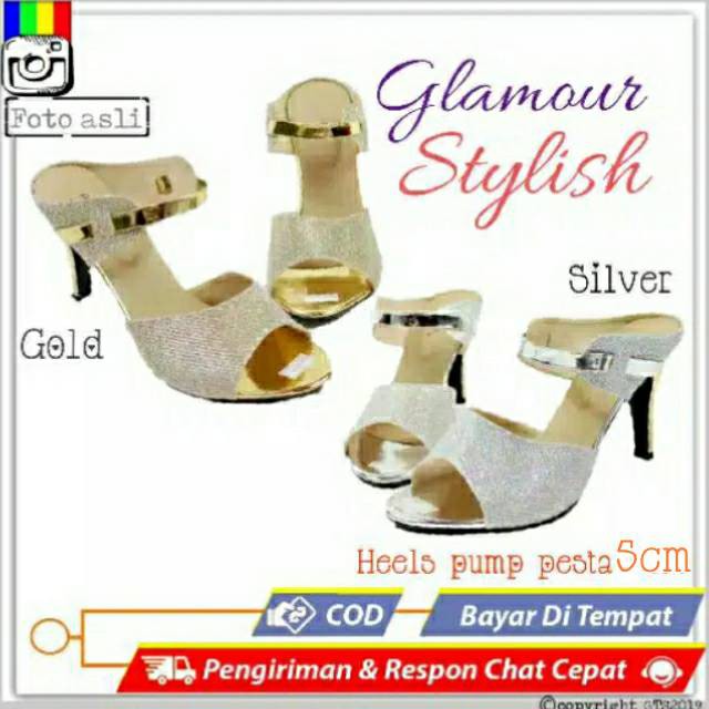 LJ Heels slope pesta formal wanita silver selop blink emas hak pump 5cm - GTS2405