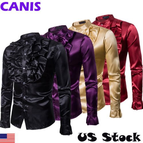 Sale Import Stylish Mewah Sutra Kemeja Pria 2019 Satin Halus Padat Tuxedo Slim Fit Emas Mengkilap Pe