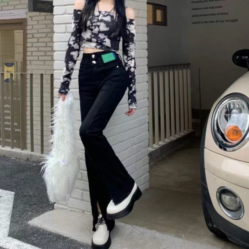 celana jeans high waist wanita slit jeans women s high waist flare pants black flared pants