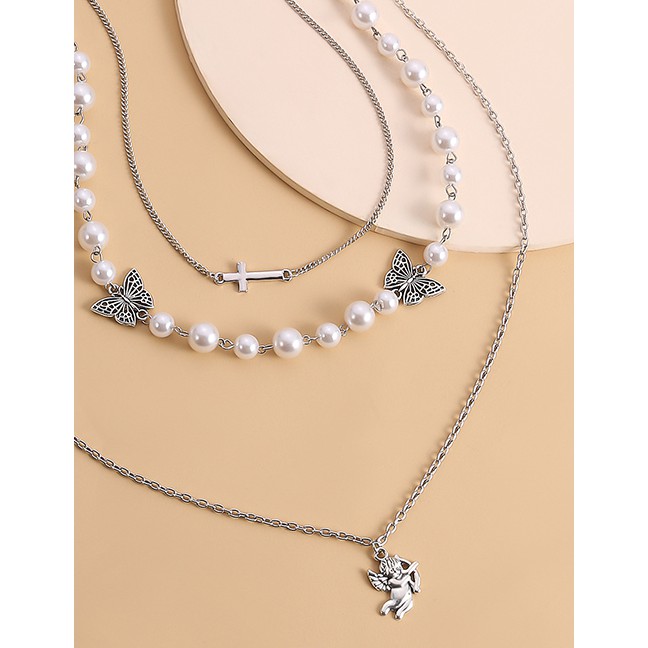 LRC Kalung Fashion White K Butterfly Pearl Cross Angel Alloy Multilayer Necklace P03668