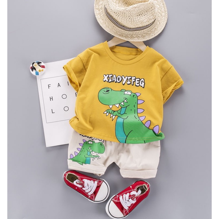 Promo !! Setelan bestseller anak / setelan xiaoyifeg trex grumpy ukuran 2-4tahun / Setelan baju anak cowok