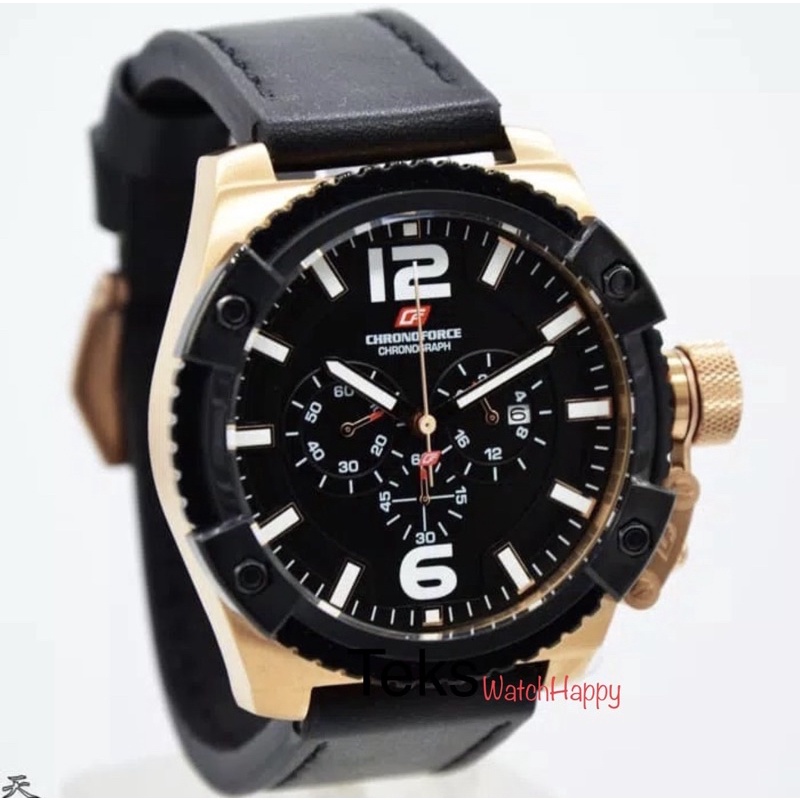 WatchHappy Chronoforce 5263 5263G CF 5263G Mens Sport Watch Black Rose Gold Chrono Leather Original