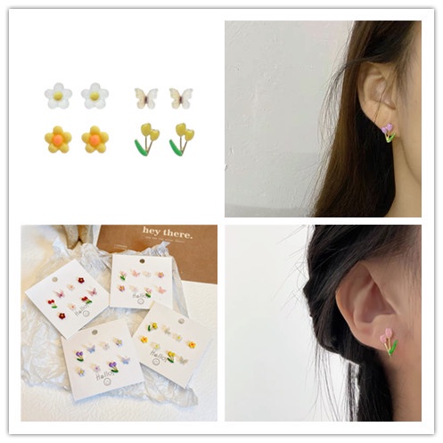 4 Pasang / Set Anting Stud Desain Bunga Kupu-Kupu Buah Warna-Warni Untuk Wanita