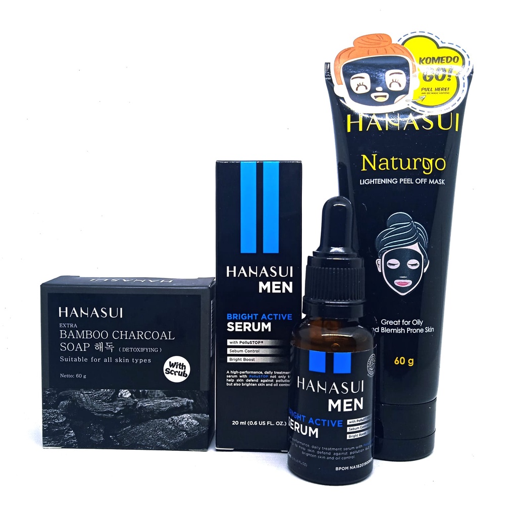 SKINCARE BPOM COWOK HANASUI BLACK SERIES 3IN1 / Charcoal Soap + Men Bright Active Serum + Naturgo Ma
