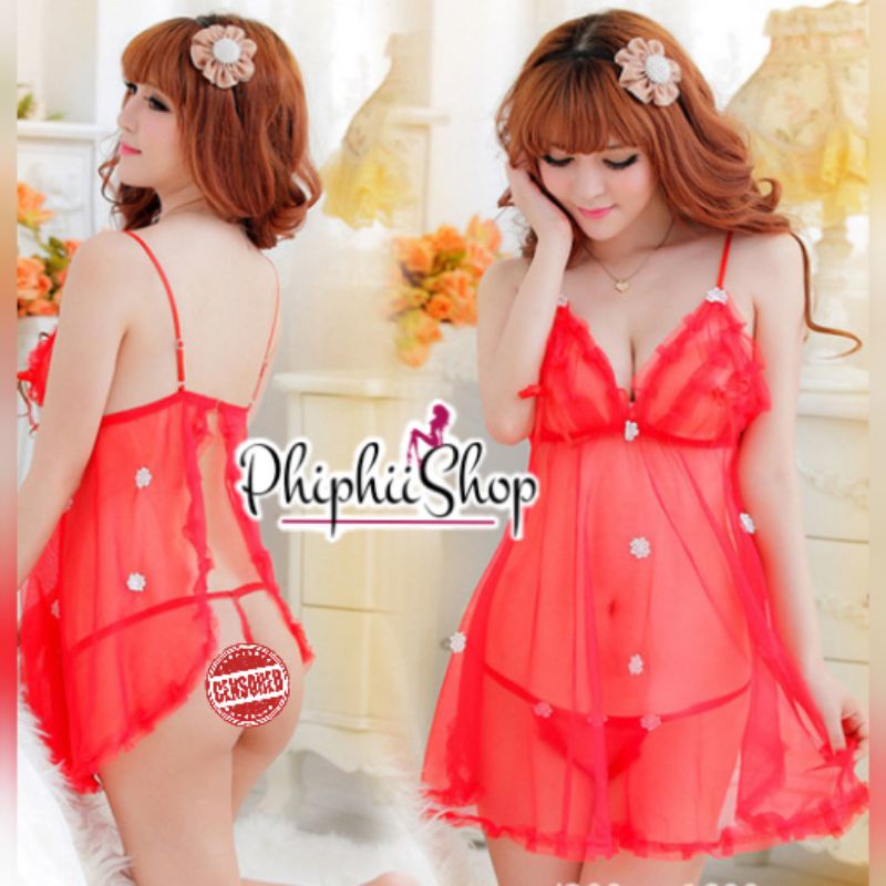 Set Lingerie Dress Sexy + G String Renda Bordir Bunga