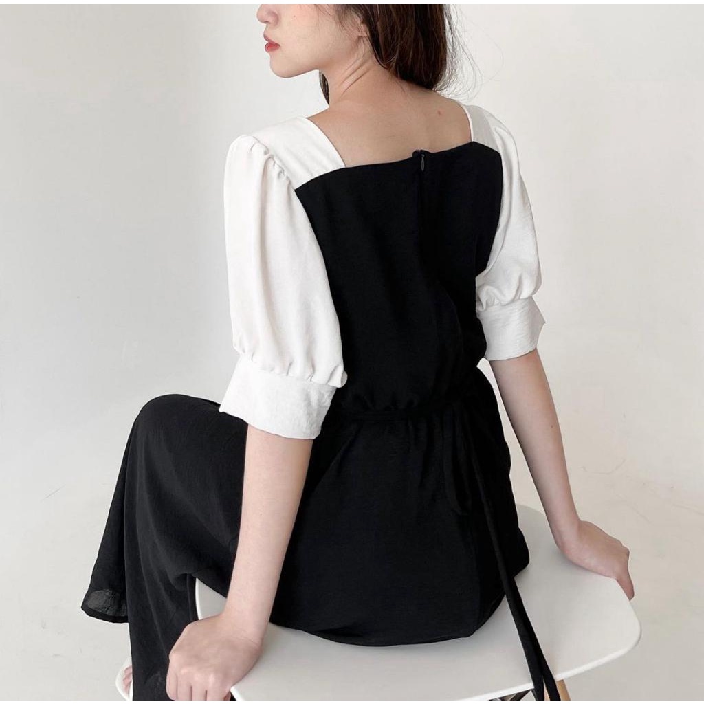 Basic id fashion Dres wanita elegant / Gaun wanita lengan kombinasi / Dres wanita