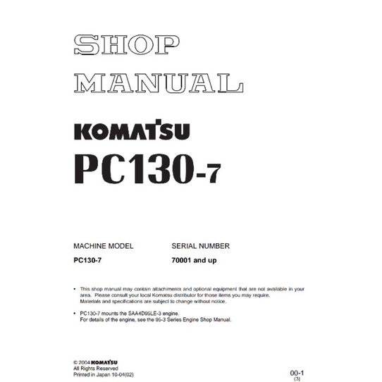 

shop manual excavator komatsu PC130-7