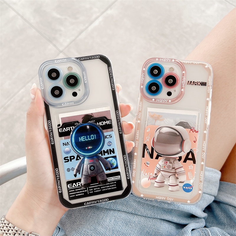 Soft Case Pelindung Lensa Transparan Desain Astronot Kartu Untuk iPhone 12 13 Pro MAX 11 X XR XS MAX 7 8 Plus