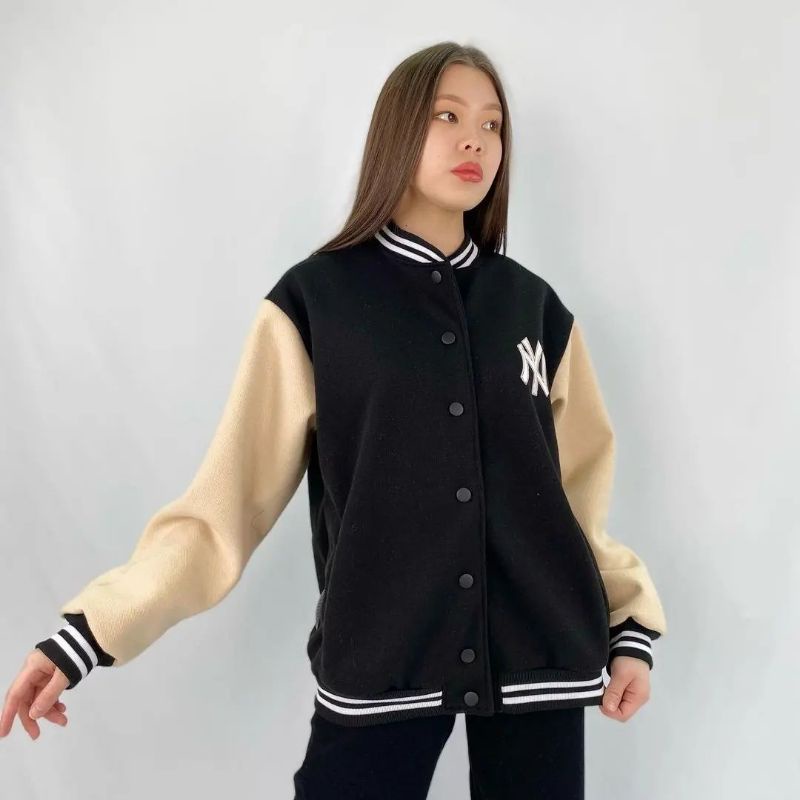 Jaket Baseball / Baseball Wanita Pria Bordir NY-68 HITAM-PUTIH /Jaket Termurah