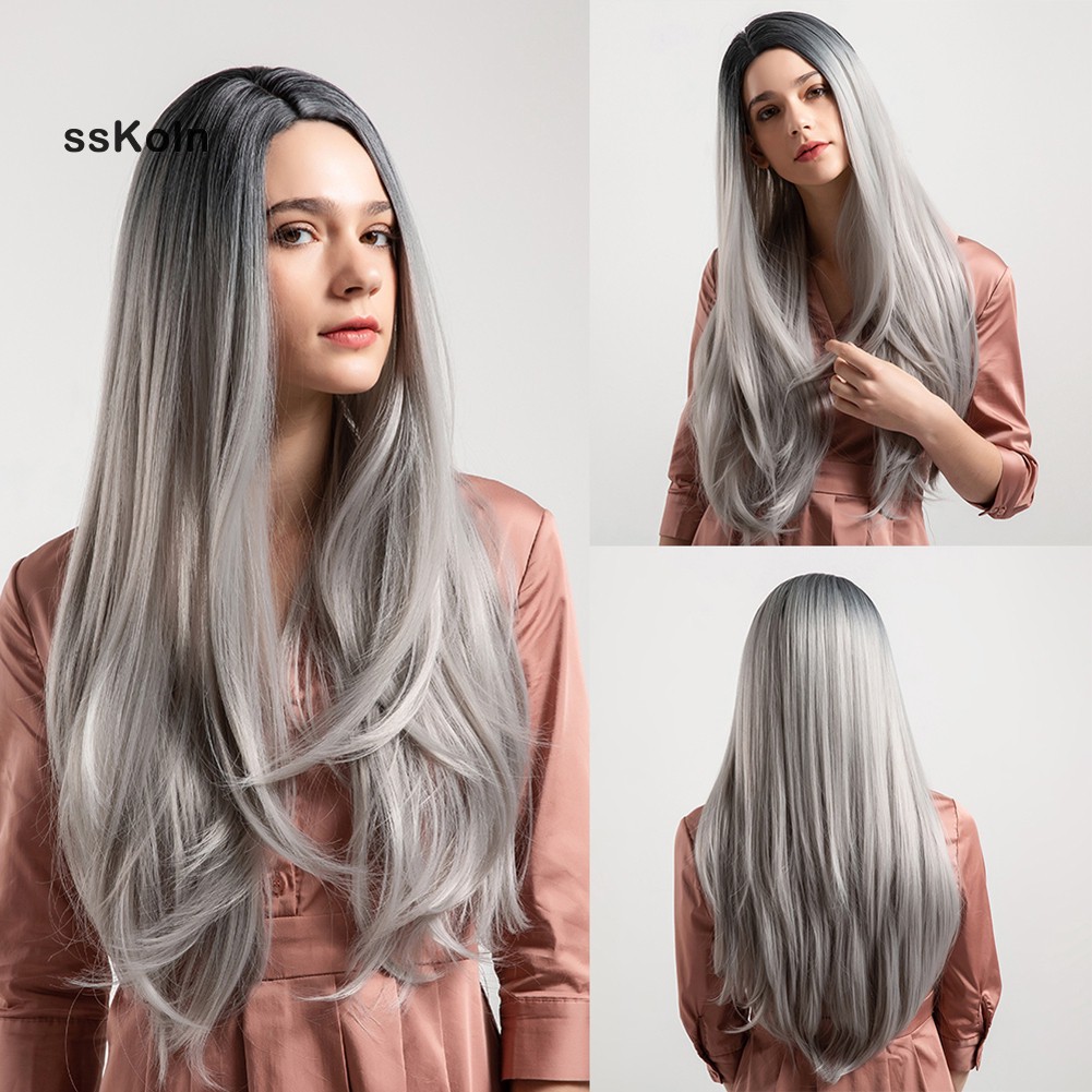 Sk Black Grey Gradient Faux Hair Straight Long Wig Women Party