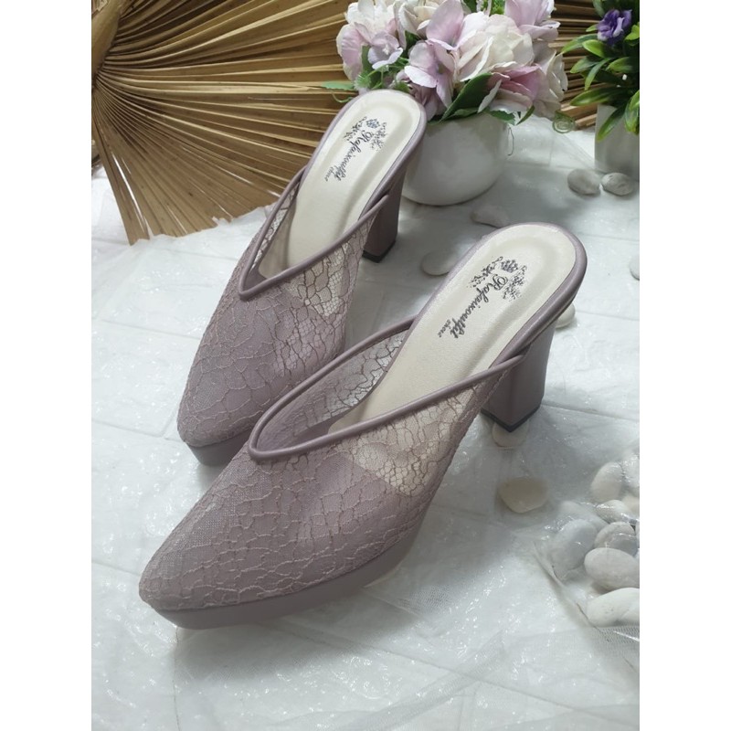 sepatu v mauve brukat lace 9cm hak tahu