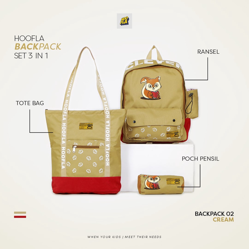 Hooflakids Tas Sekolah Anak Perempuan Laki Laki Backpack Set 3 in 1 Dapat Ransel Pouch dan Tote Bag