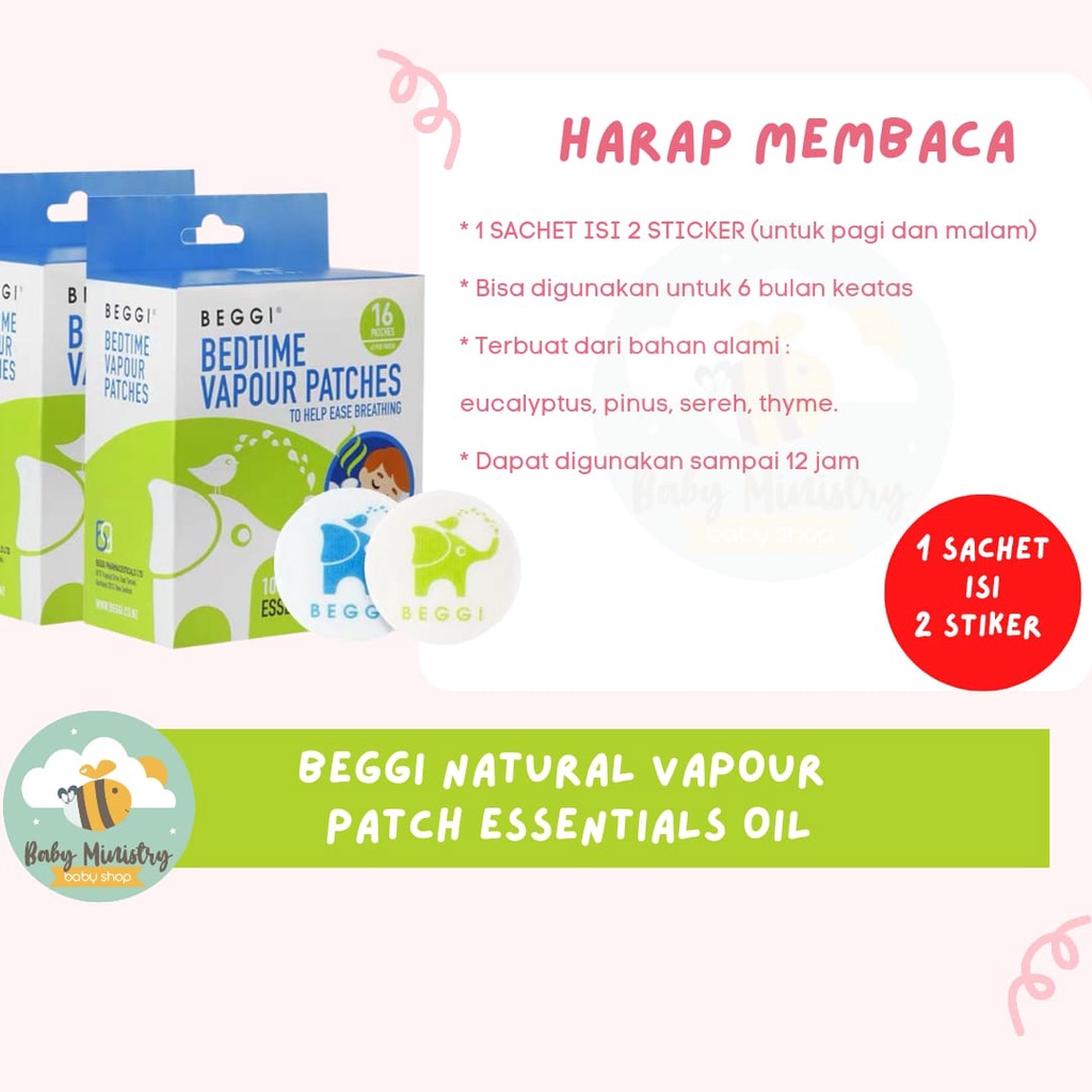 Beggi Bedtime Vapour Patches Natural Essential Oil / Ease Breathing (1 SACHET ISI 2 STIKER) / stiker pilek / patch flu dan pilek / nyenyak tidur / harum / aromaterapi / melegakkan pernafasan / batuk / hidung tersumbat / sesak nafas / pernafasan