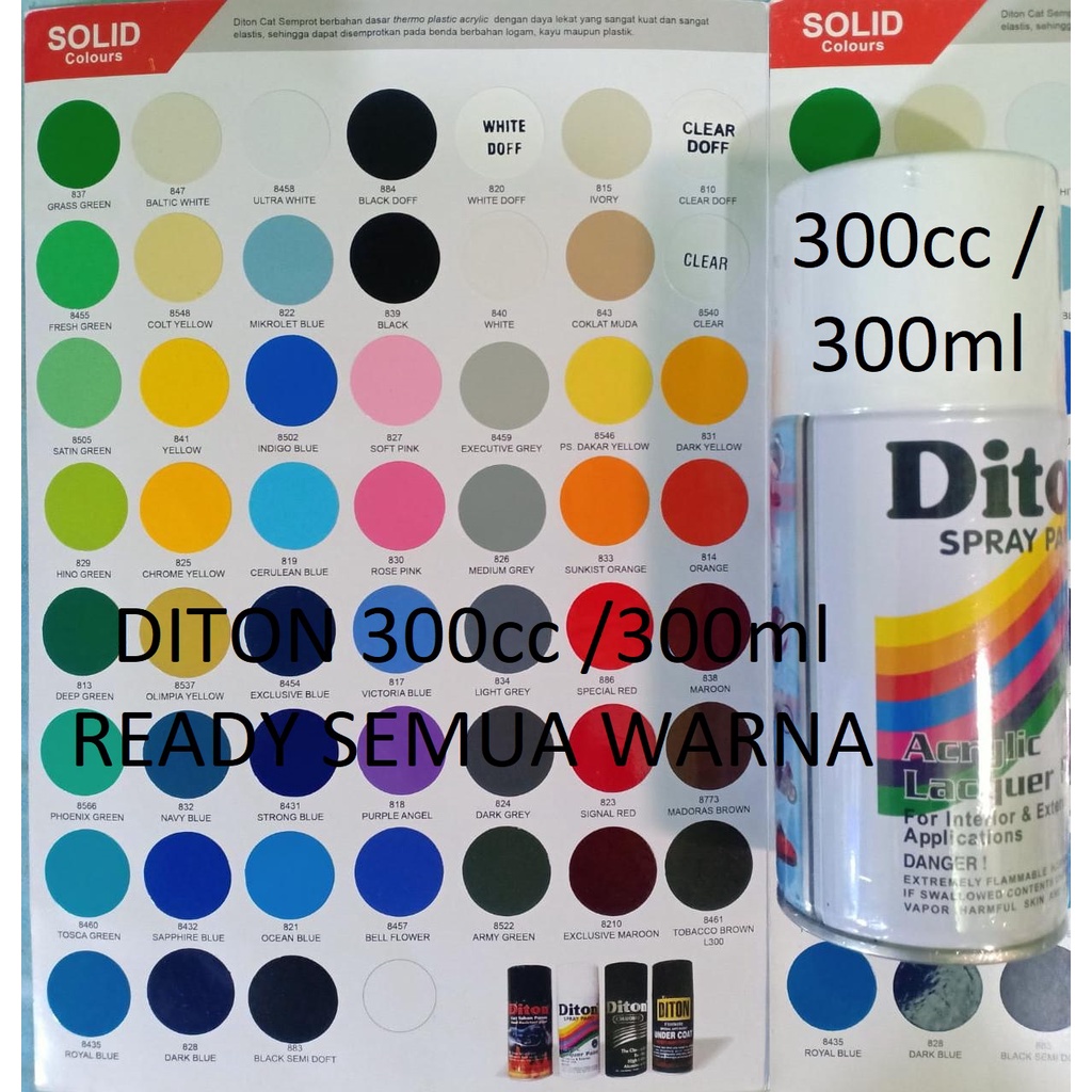 SOLID COLOURS DITON Spray Paint Acrylic Lacquer Paint 300cc Pilox Pilok Cat Semprot Glossy Mengkilap Solid 300ml (Black Clear Red Blue Clear Silver Grey Pink Orange Yellow)