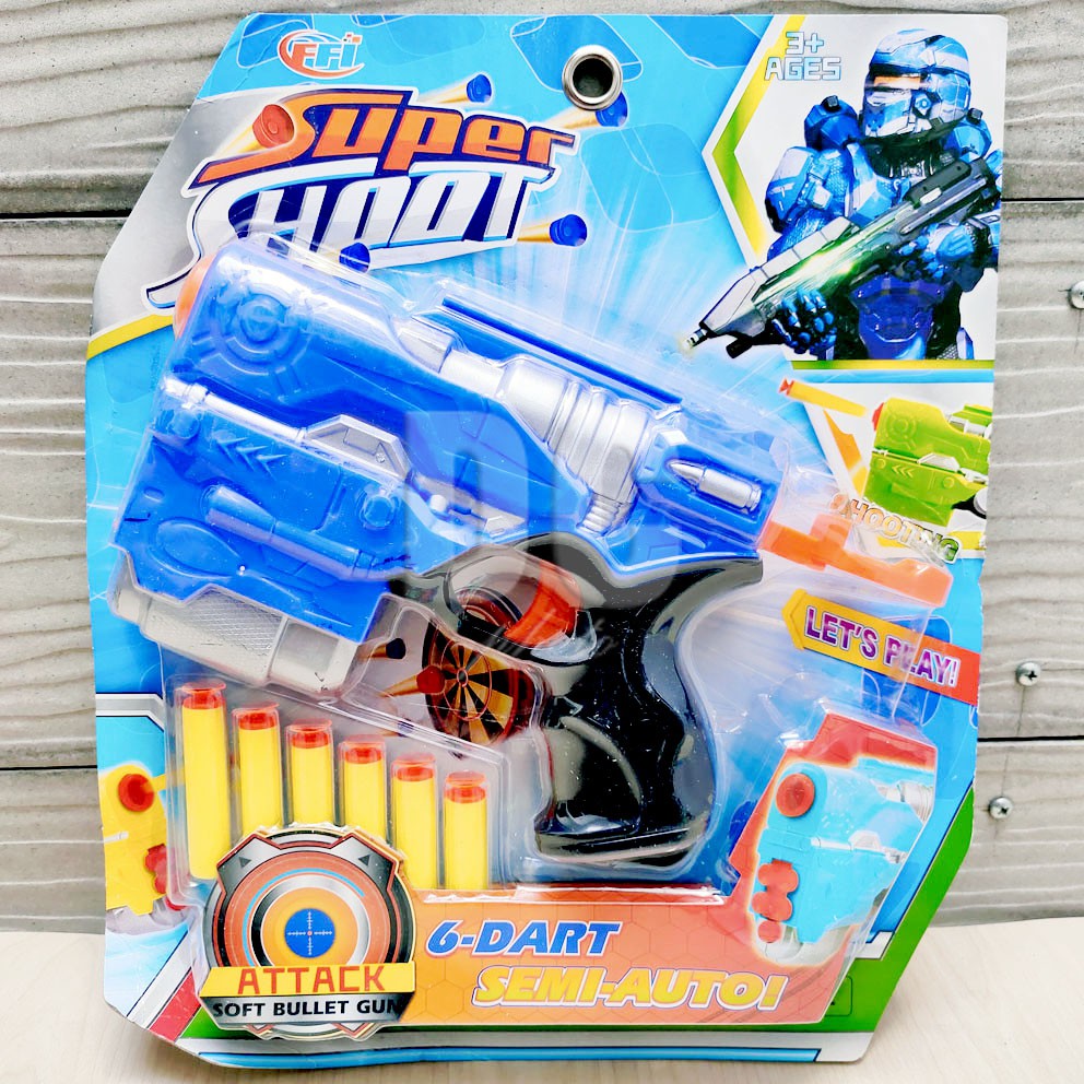 Super Shoot 6 Dart Semi Auto Mainan Blaster Gun Nerf Dart Tembak Peluru Gabus