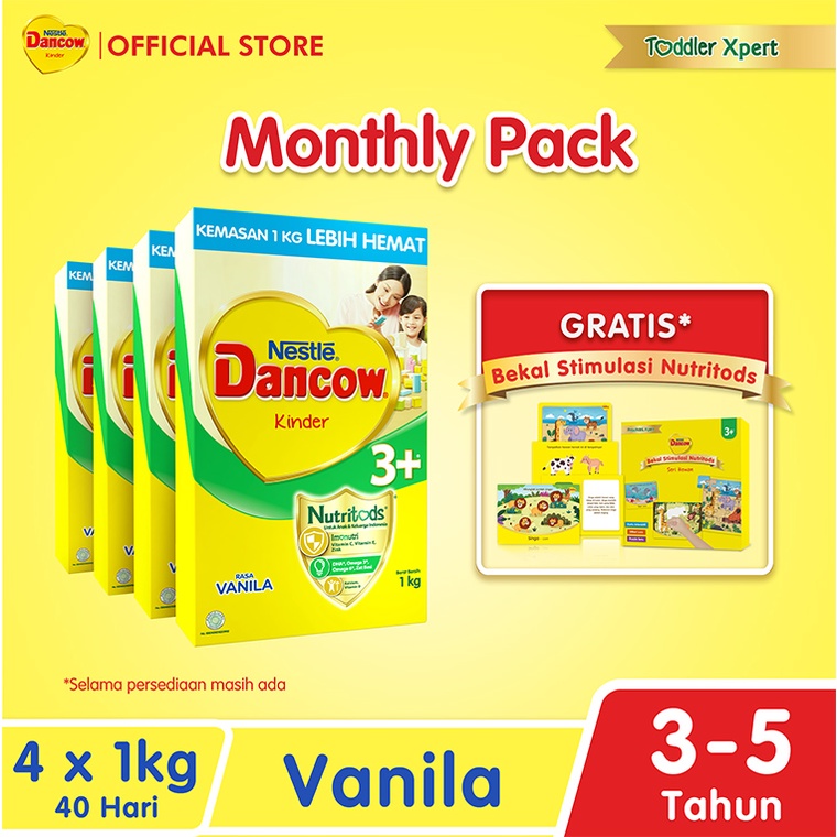 Nestle Dancow 3+ dengan Susu Pertumbuhan Rasa Vanila 3-5 Tahun Box 1 kg x 4 Pcs + Free 3D Box Dancow