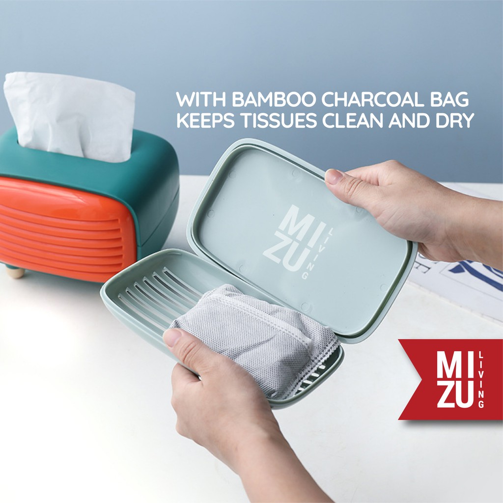 MIZU MUSEN Tissue Box Charcoal Kotak Tissue Arang Pengering Vintage Radio Design