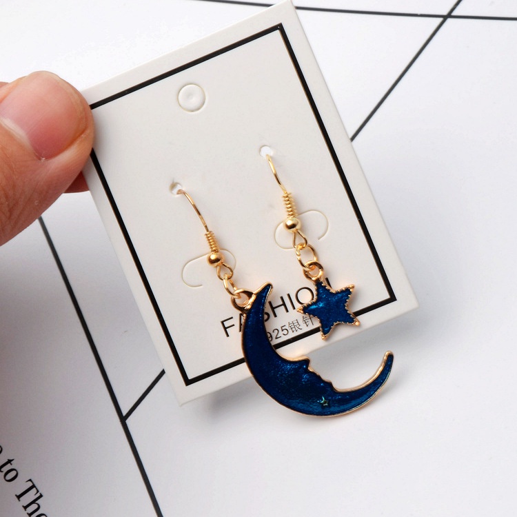 Gaya Korea baru manis segar biru bulan XINGX anting-anting asimetris rumbai panjang ear hook anting-