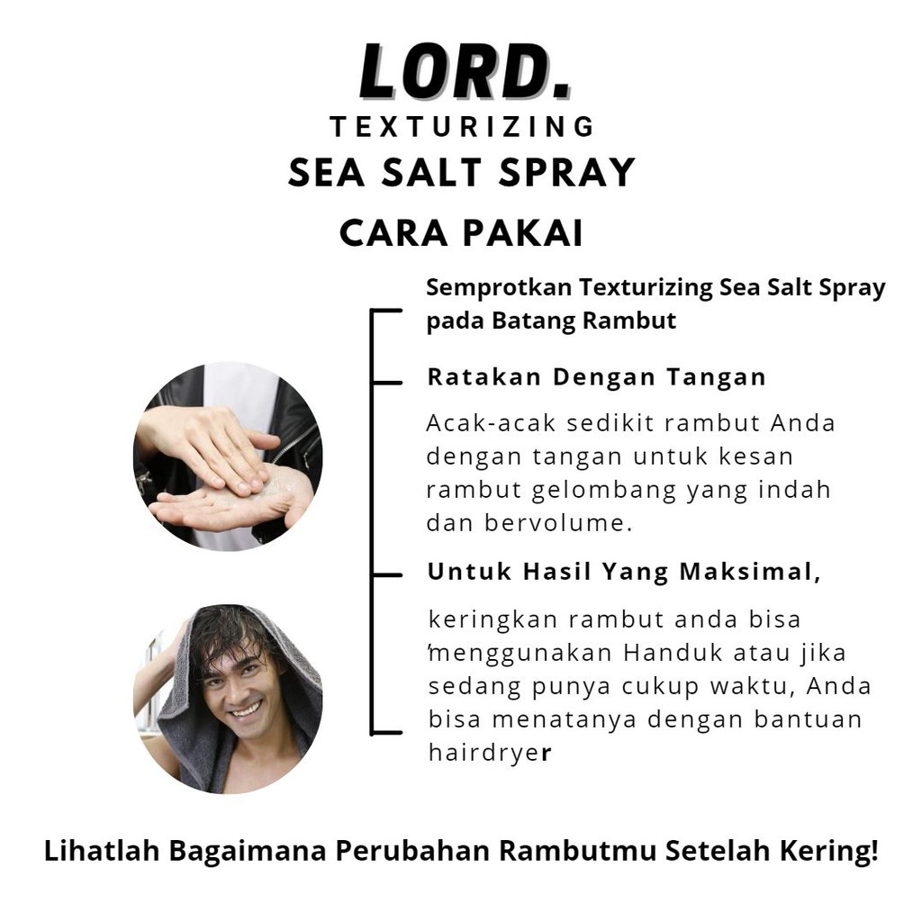 HOT ITEM LORD Hair Sea Salt Spray Texturizing 60ml Ekstrak Essential Oil dan Aloe Vera Strong Hold dan Bervolume Tahan lama Aroma Parfum Ternama