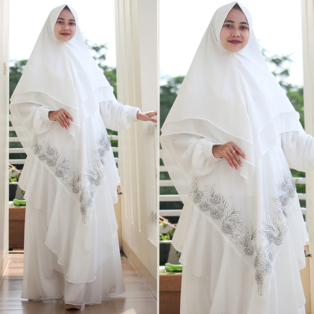 Gamis Syari Ceruty Bordir Pesta Mewah Ibu Ibu Jumbo LD 120 124 Busana Muslim Set Khimar Putih BW