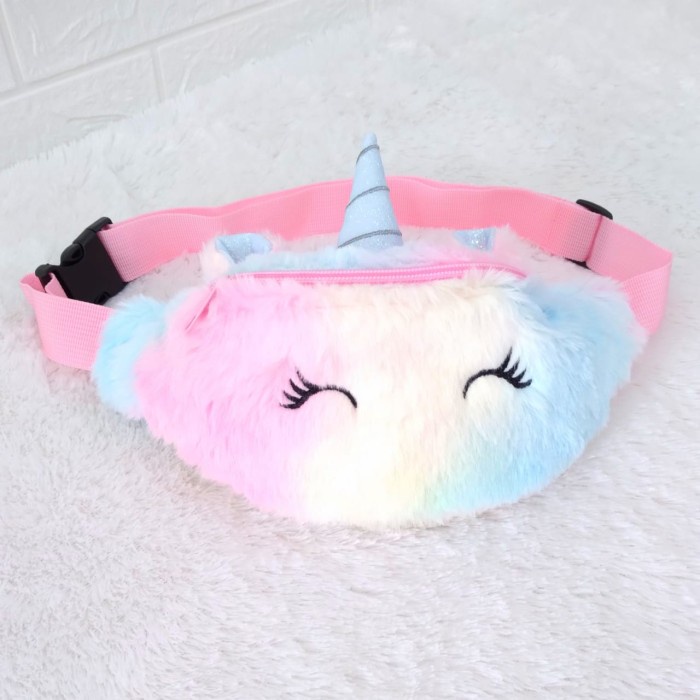 Waistbag unicorn bulu tas pinggang anak perempuan bulu boneka unicorn - pink mata merem
