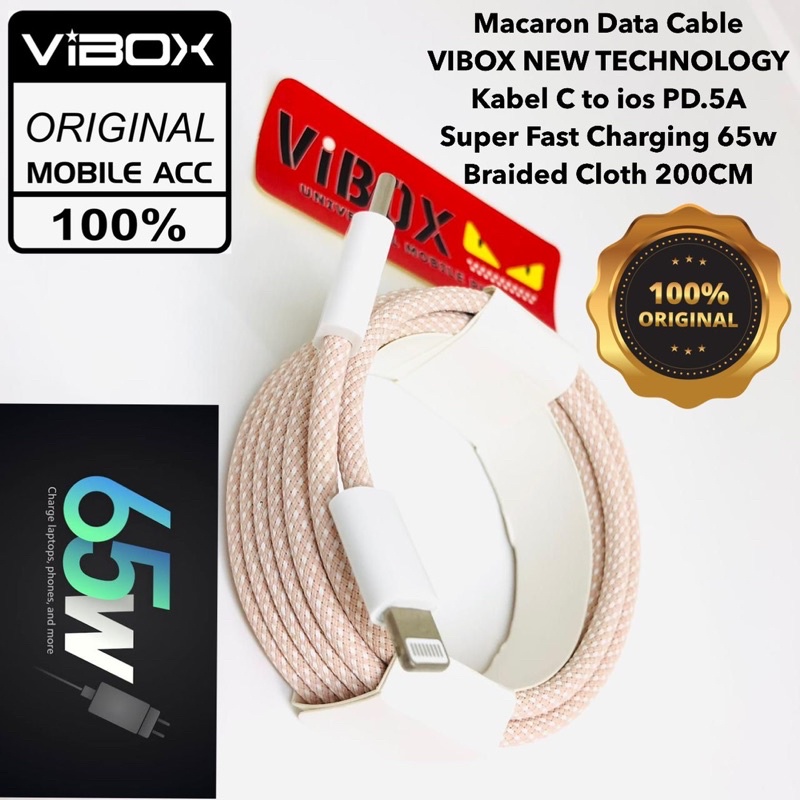 Macaron Data Cable Vibox Kabel C to ios PD.5A Super Fast Charging 65w  Braided Cloth 200CM Promo Sen