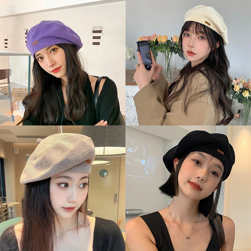 Topi Baret Rajut Bahan Kulit Aksen Label Tulisan Gaya Korea Untuk Wanita