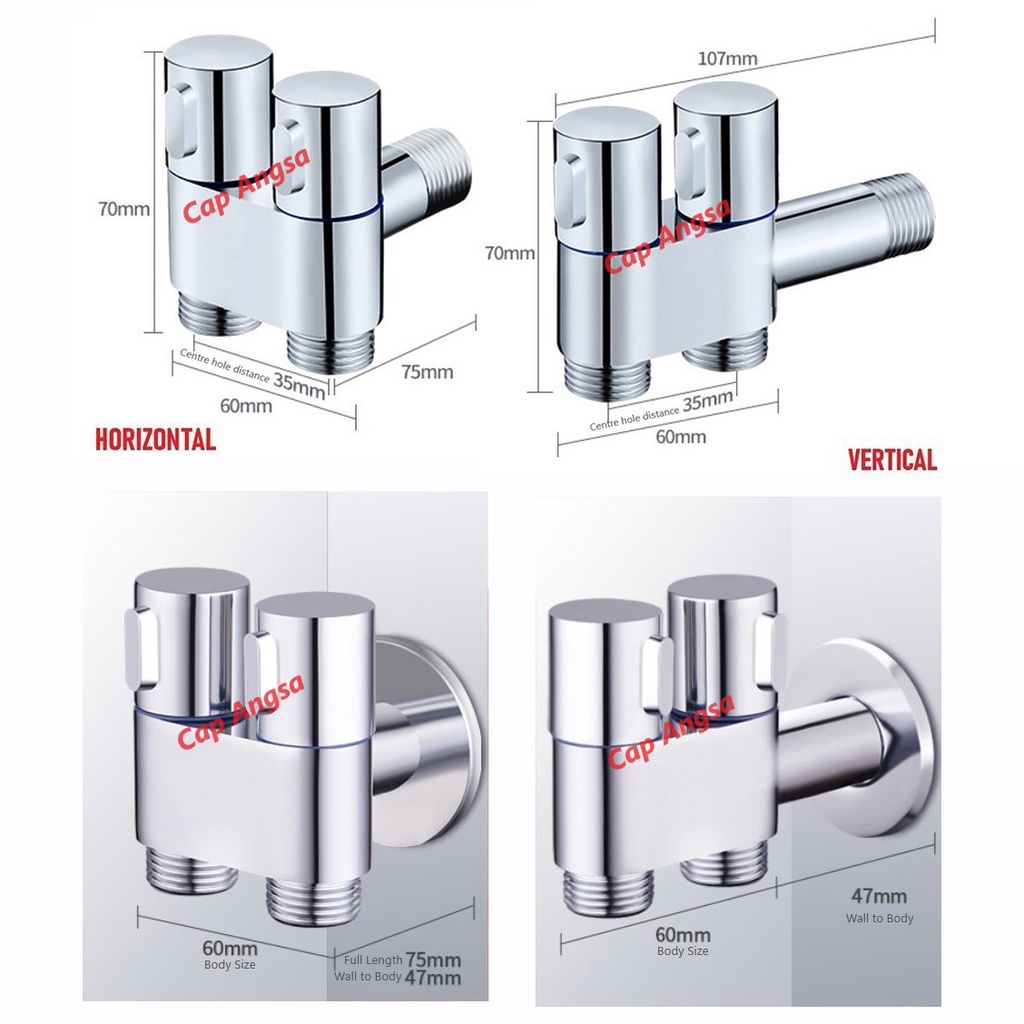 DOUBLE ANGLE VALVE STOP KRAN CABANG 2 OUTLET 2 SWITCH KERAN BIDET ENGKOL KLOSET CEBOK ALLOY FAUCET