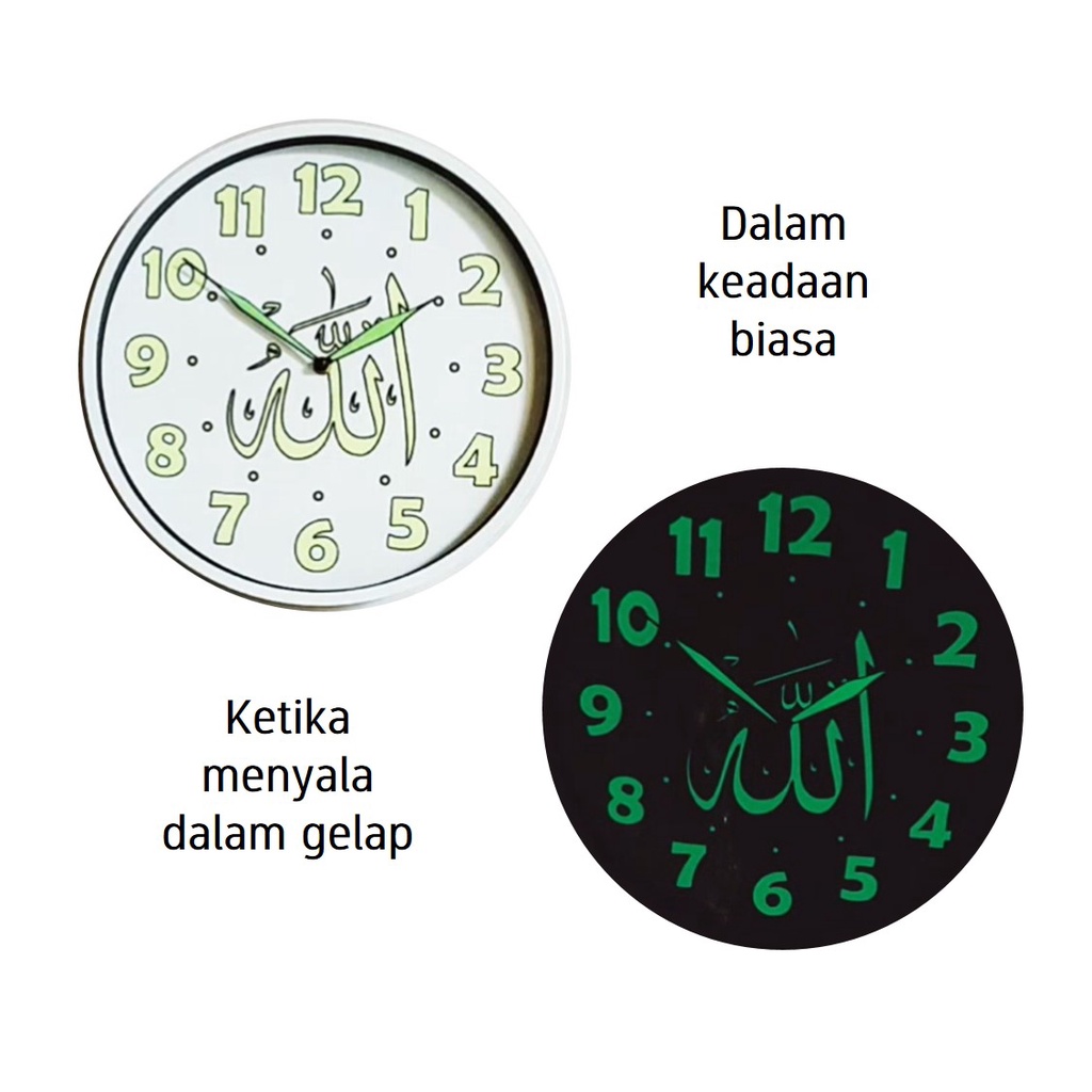 Jam Dinding Kaligrafi Glow In The Dark 35cm Warna Putih Free Baterai BC3002NI